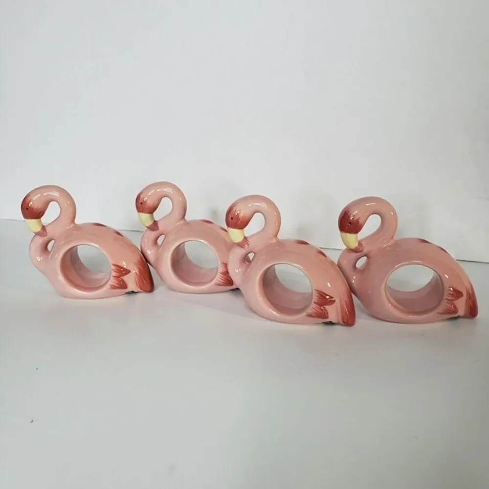 Vintage Target Home Pink Ceramic Flamingo Napkin Rings Set of 4 Coastal Table